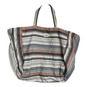Roxy Time Is Now Canvas Tote Bag Black White Striped Slouchy Gym Beach Bag